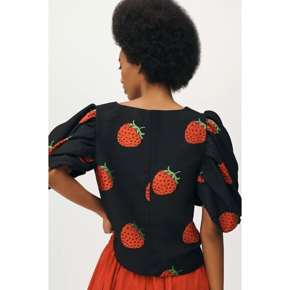 Maeve Puff-Sleeve Blouse Strawberry Print M - Picture 2 of 4